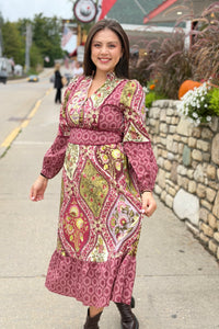 Mixed Floral Contrast Piping Dress - Wine