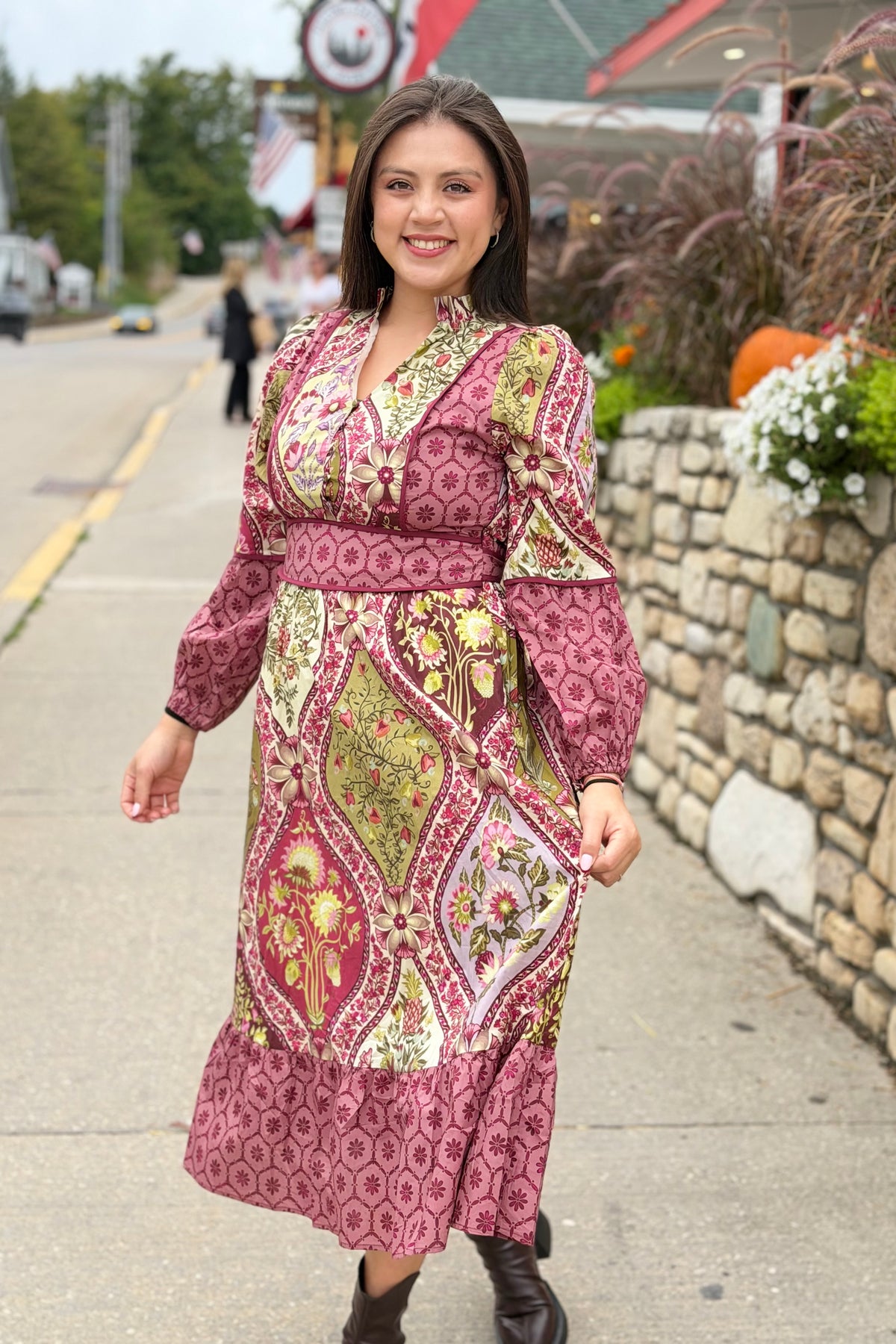 Mixed Floral Contrast Piping Dress - Wine
