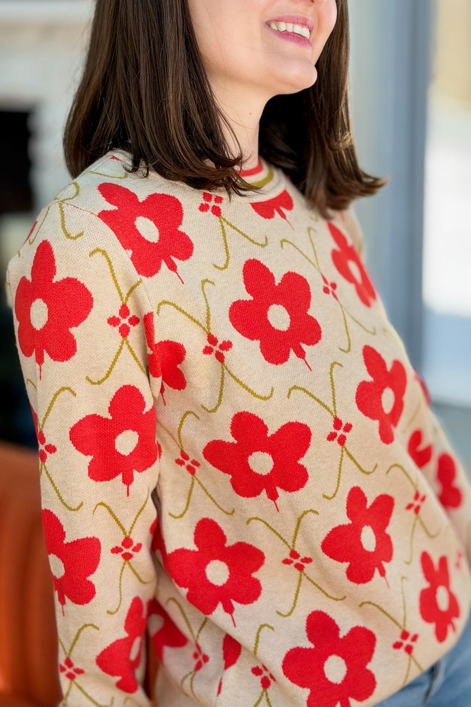 Floral Pattern Jacquard Knit Sweater