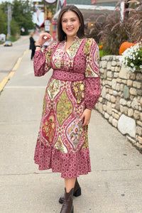 Mixed Floral Contrast Piping Dress - Wine