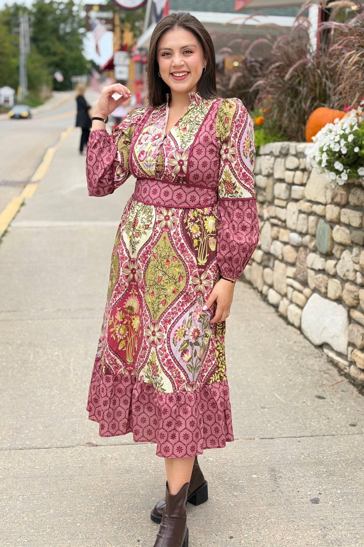 Mixed Floral Contrast Piping Dress - Wine