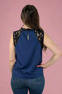 Pleated Lace Top - Navy