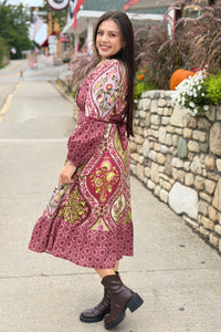 Mixed Floral Contrast Piping Dress - Wine