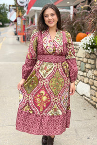 Mixed Floral Contrast Piping Dress - Wine