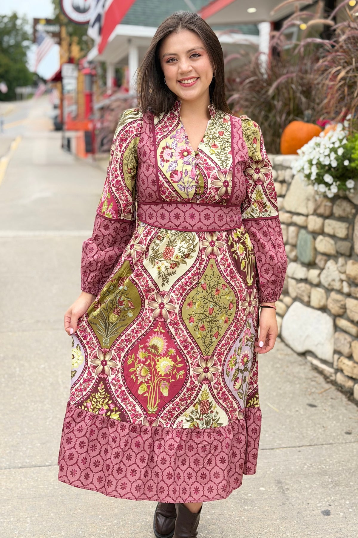 Mixed Floral Contrast Piping Dress - Wine