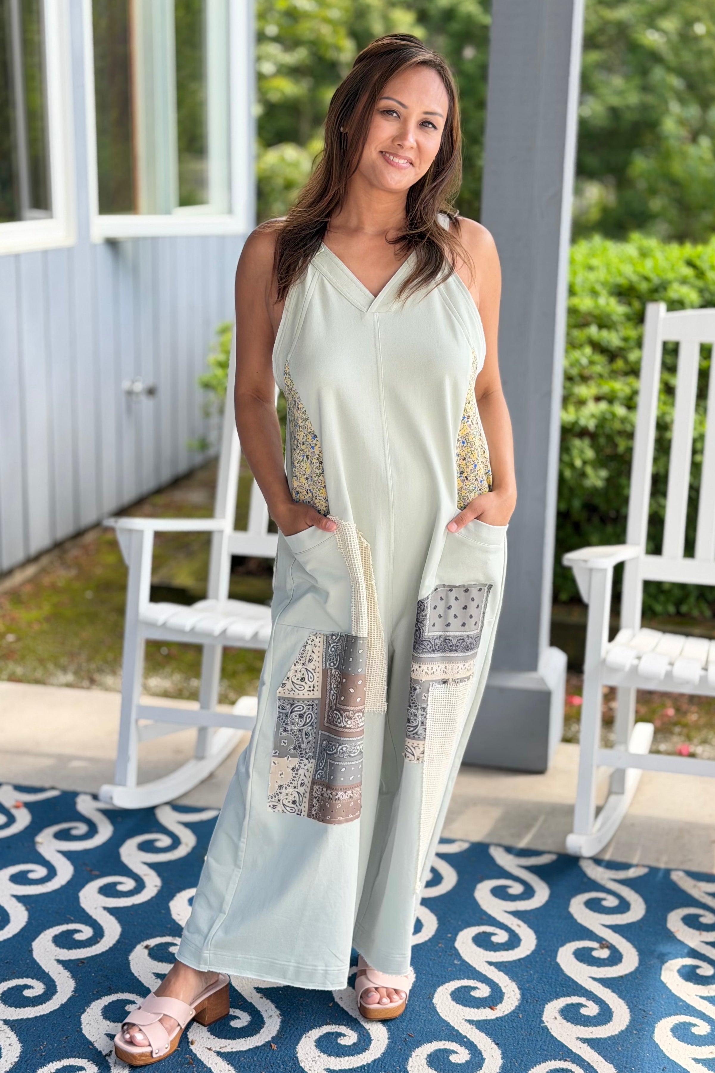 Cotton Patchwork Jumpsuit - Sage