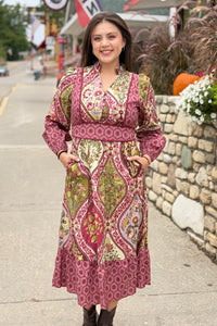 Mixed Floral Contrast Piping Dress - Wine