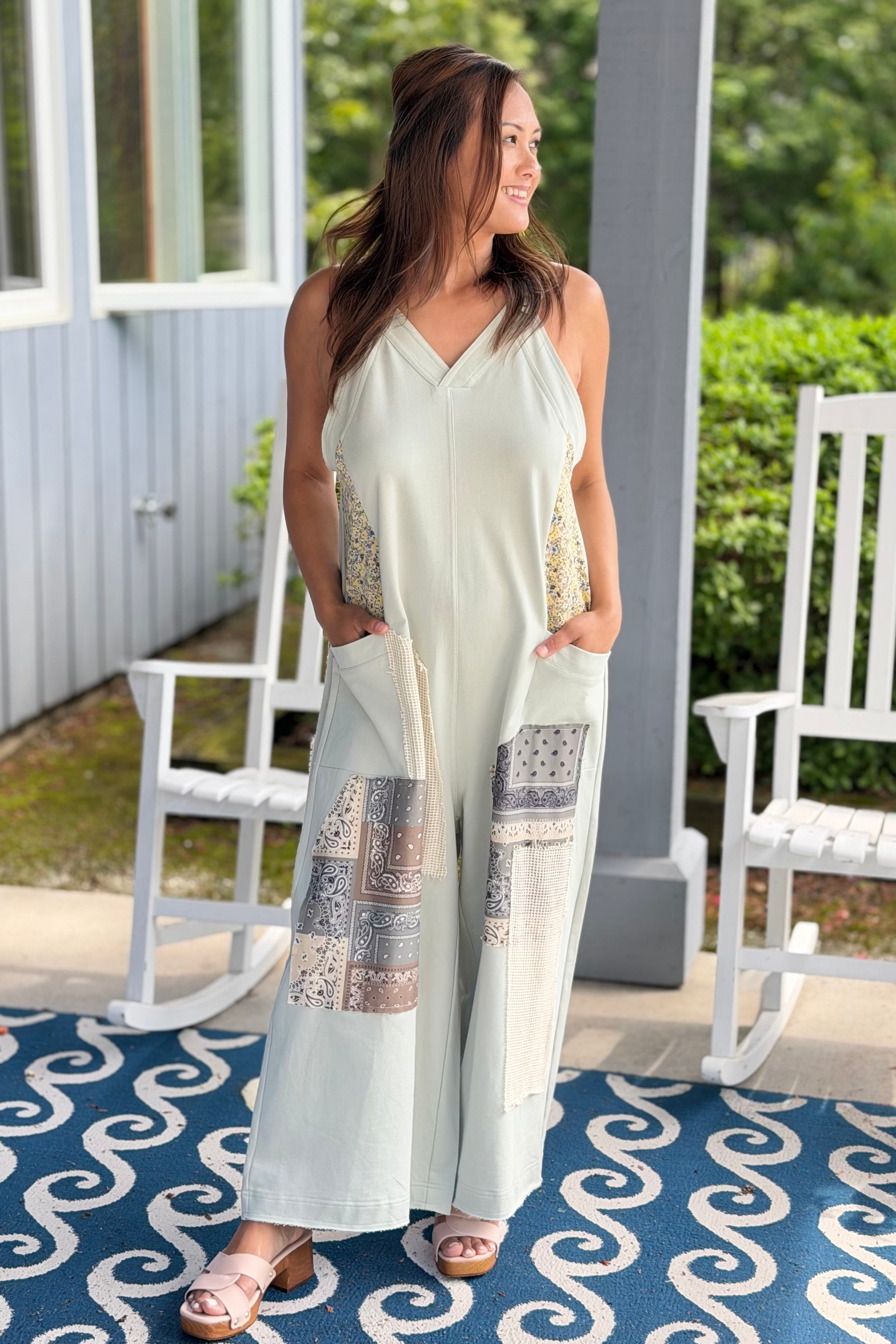 Cotton Patchwork Jumpsuit - Sage