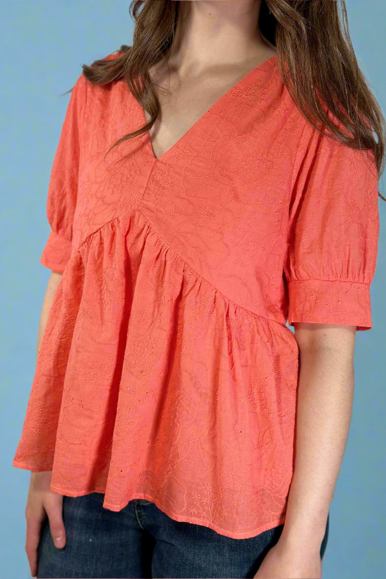 Embroidered Babydoll Top - Pink