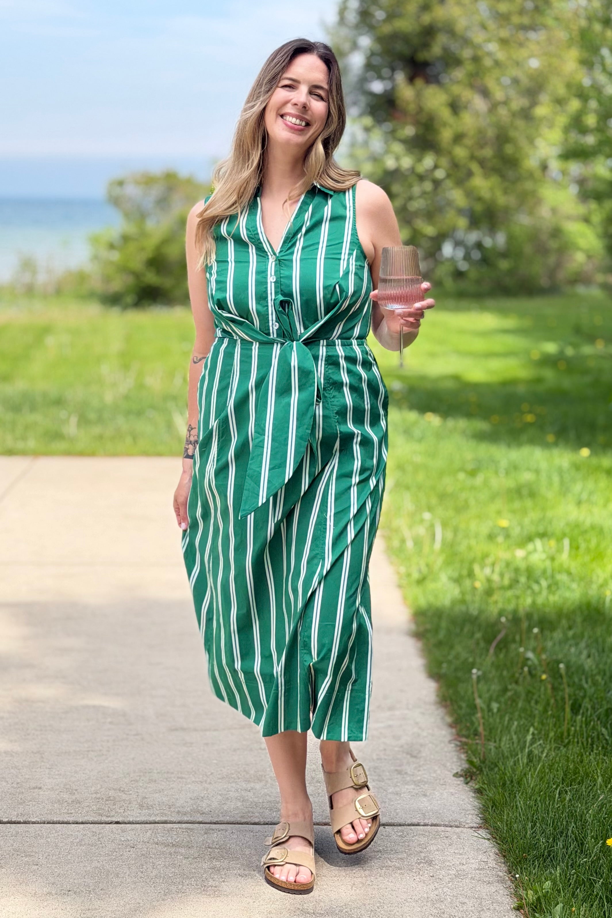 Striped Button Down Midi Dress - Green