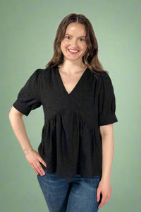 Embroidered Babydoll Top - Black