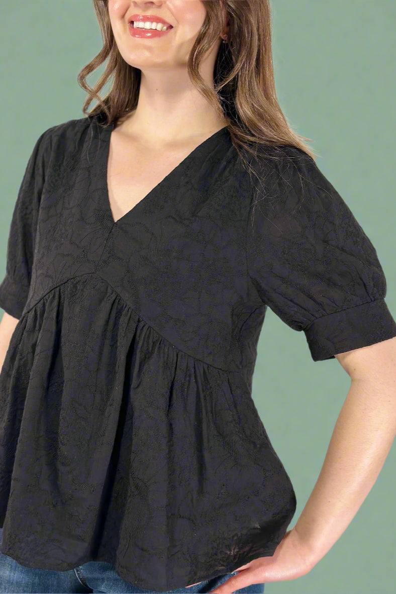 Embroidered Babydoll Top - Black