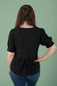 Embroidered Babydoll Top - Black