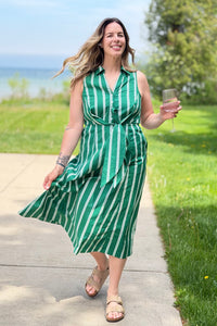 Striped Button Down Midi Dress - Green