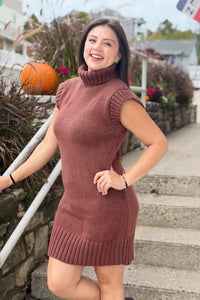 Mock Neck Sweater Dress - Brown