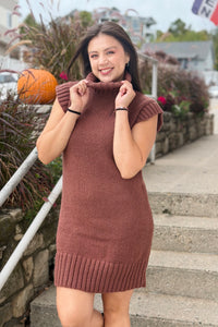 Mock Neck Sweater Dress - Brown