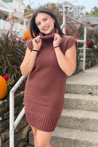 Mock Neck Sweater Dress - Brown