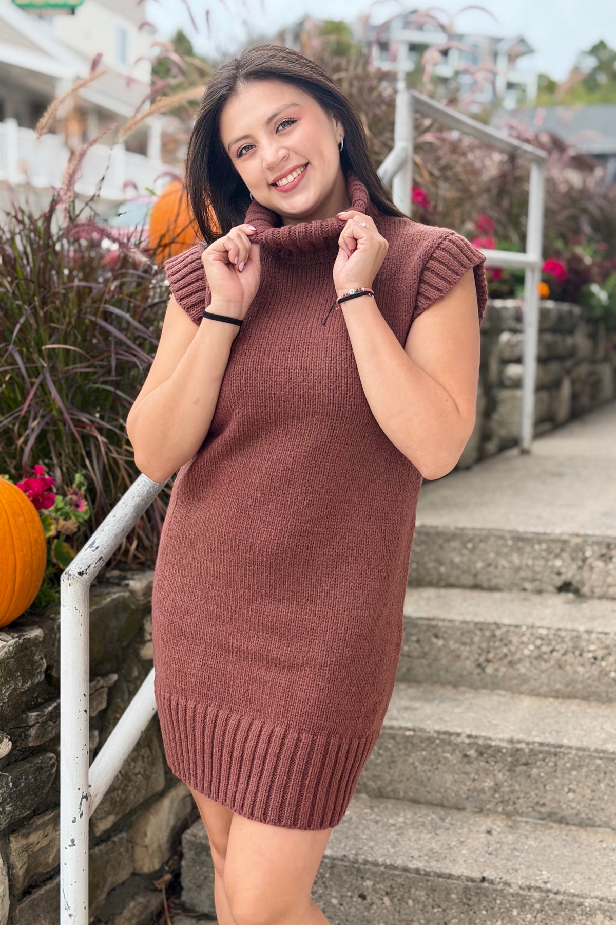 Mock Neck Sweater Dress - Brown