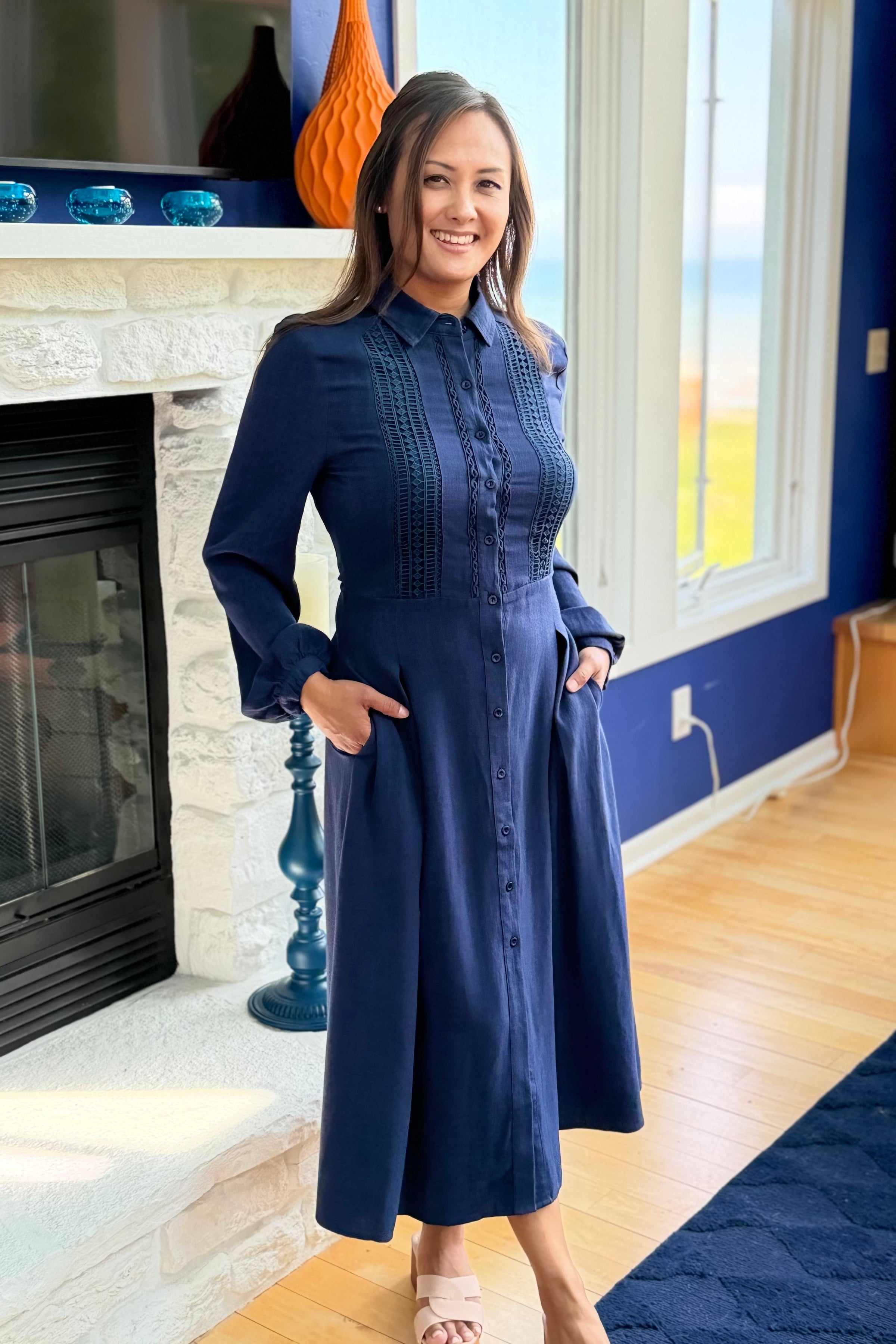 Front Lace Collar Dress - Navy