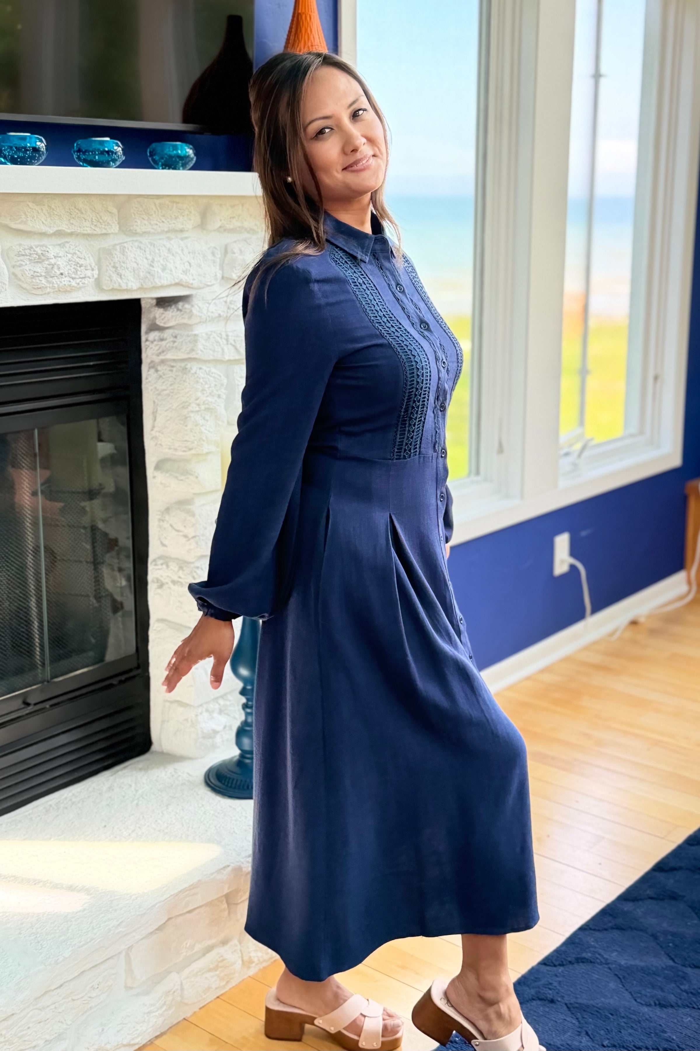 Front Lace Collar Dress - Navy