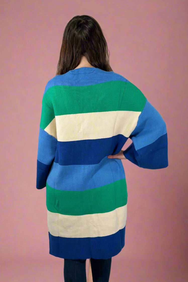 Striped Open Sleeve Kimono - Blue