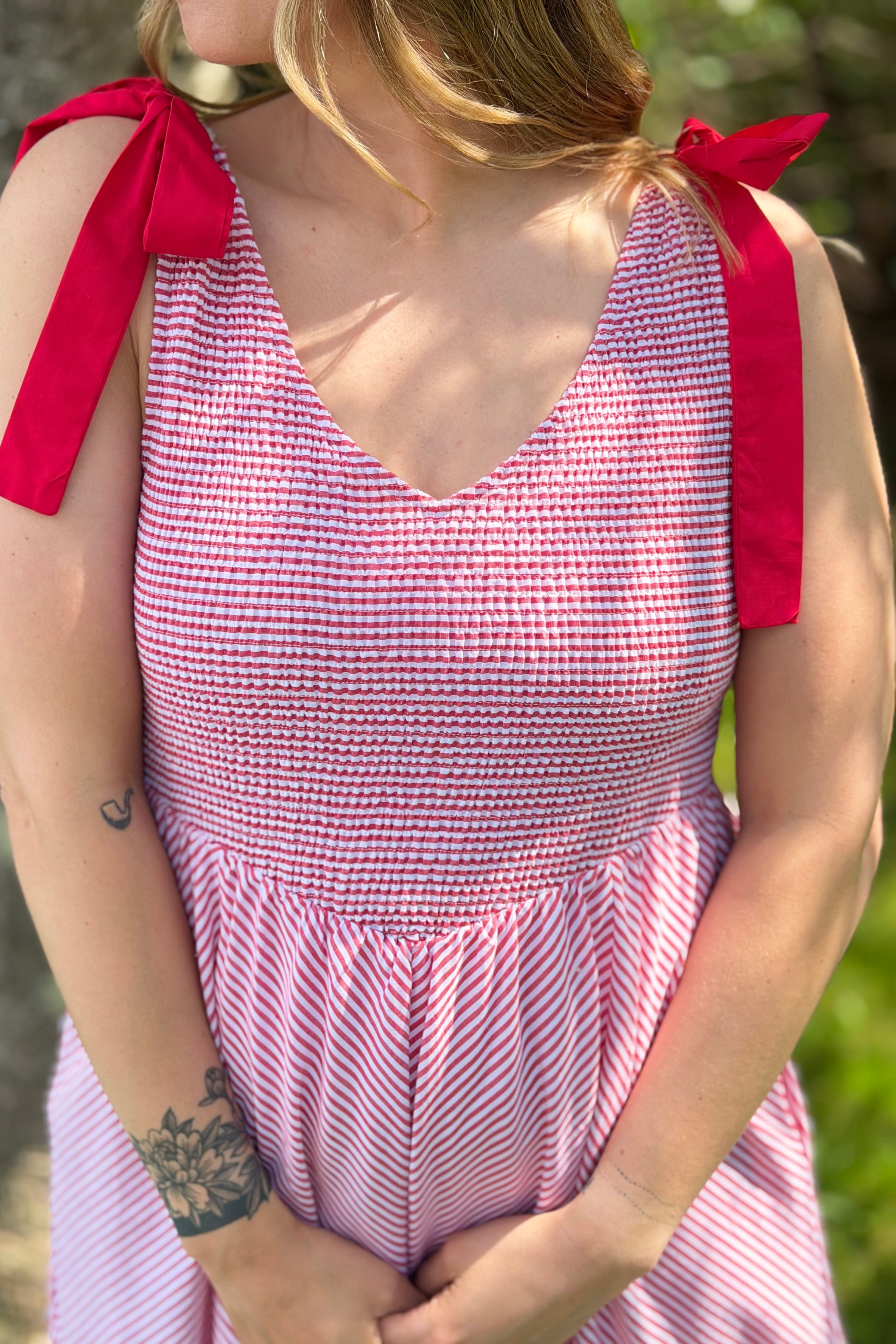 Stripe Tie Straps Midi Dress - Red
