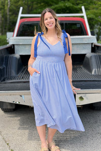 Stripe Tie Straps Midi Dress - Navy