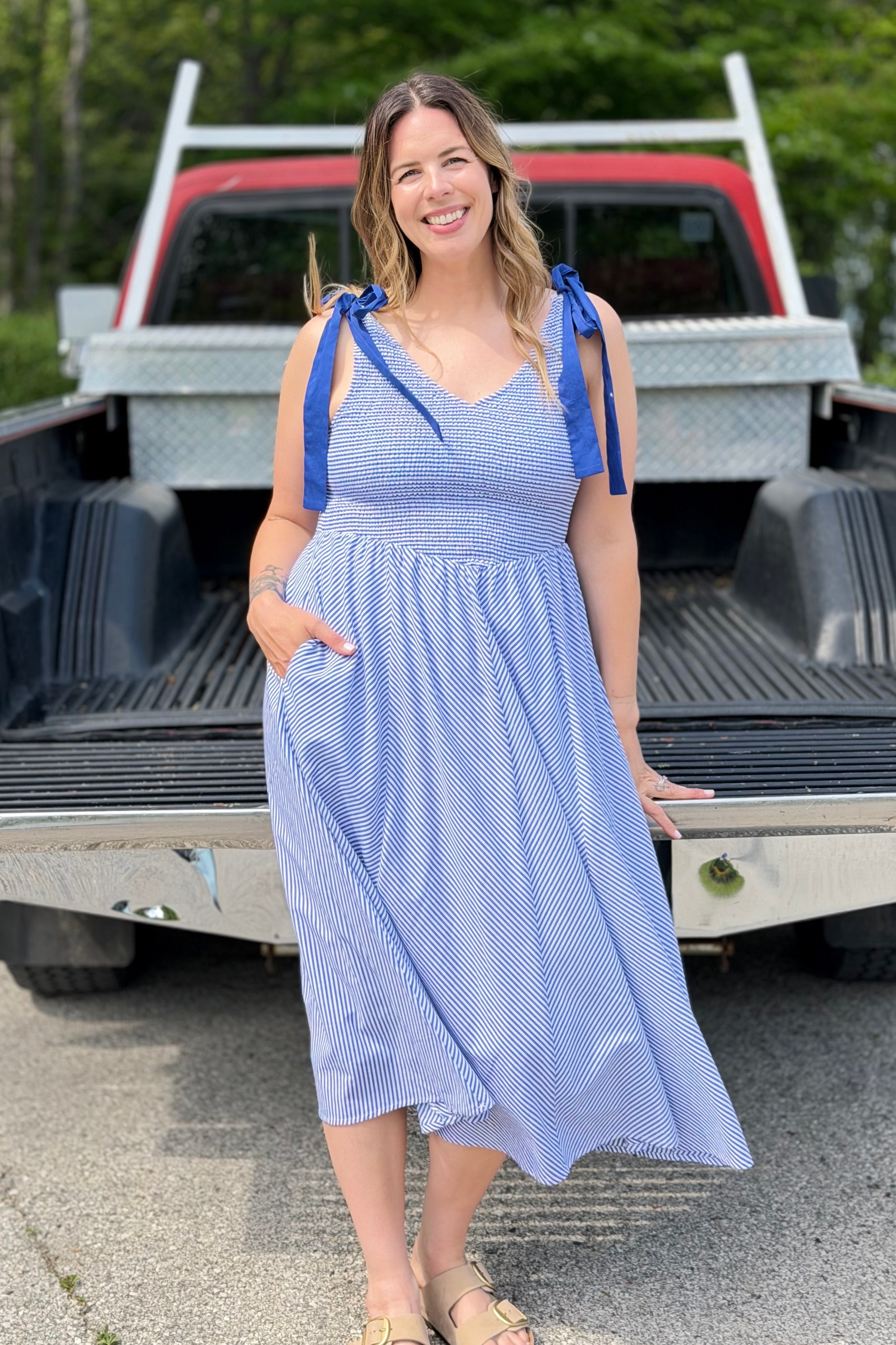 Stripe Tie Straps Midi Dress - Navy