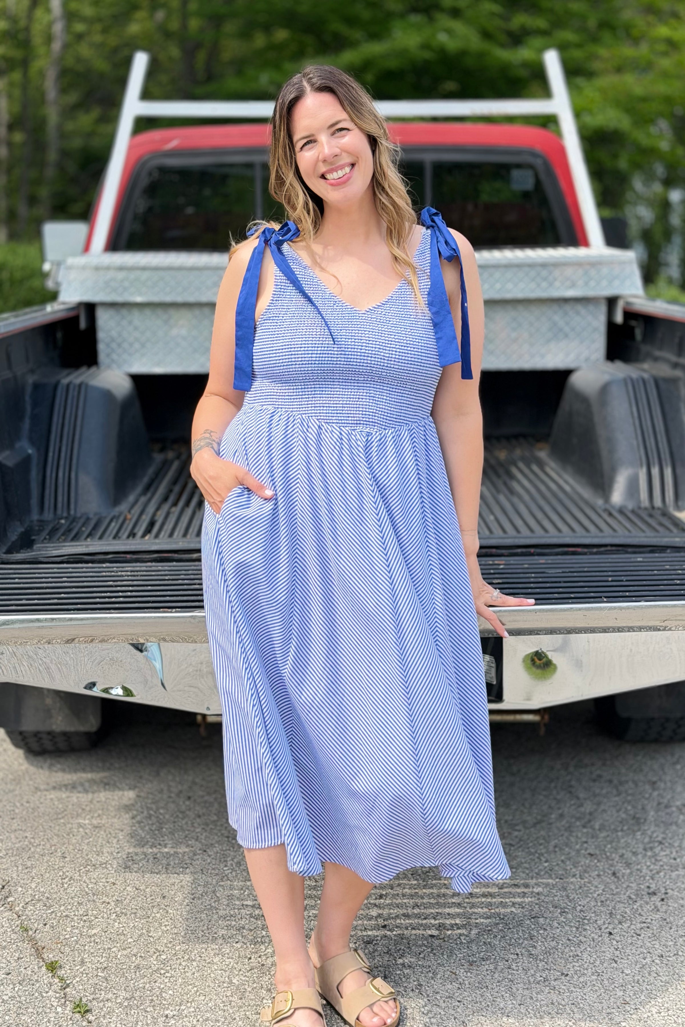 Stripe Tie Straps Midi Dress - Navy