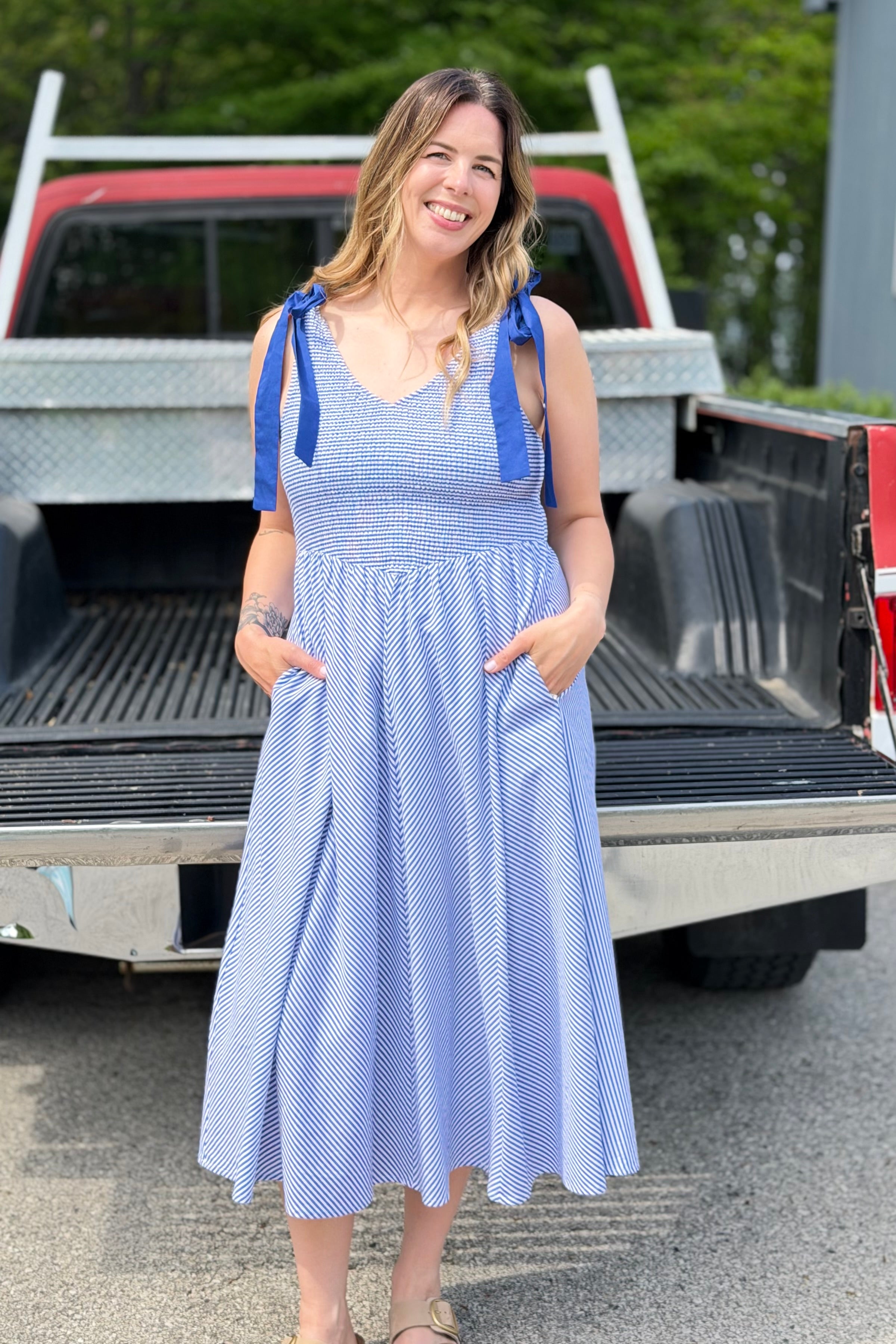Stripe Tie Straps Midi Dress - Navy
