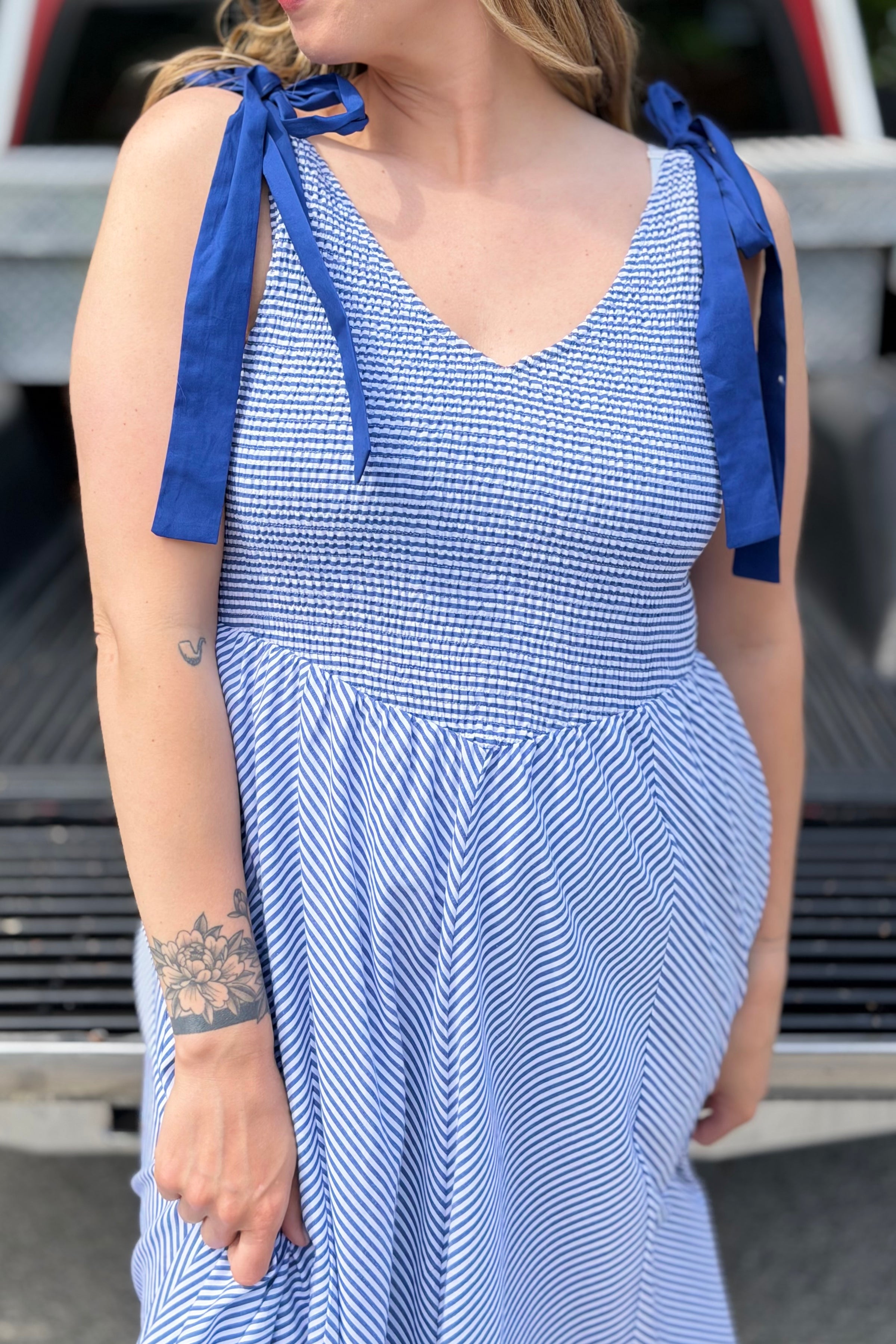 Stripe Tie Straps Midi Dress - Navy