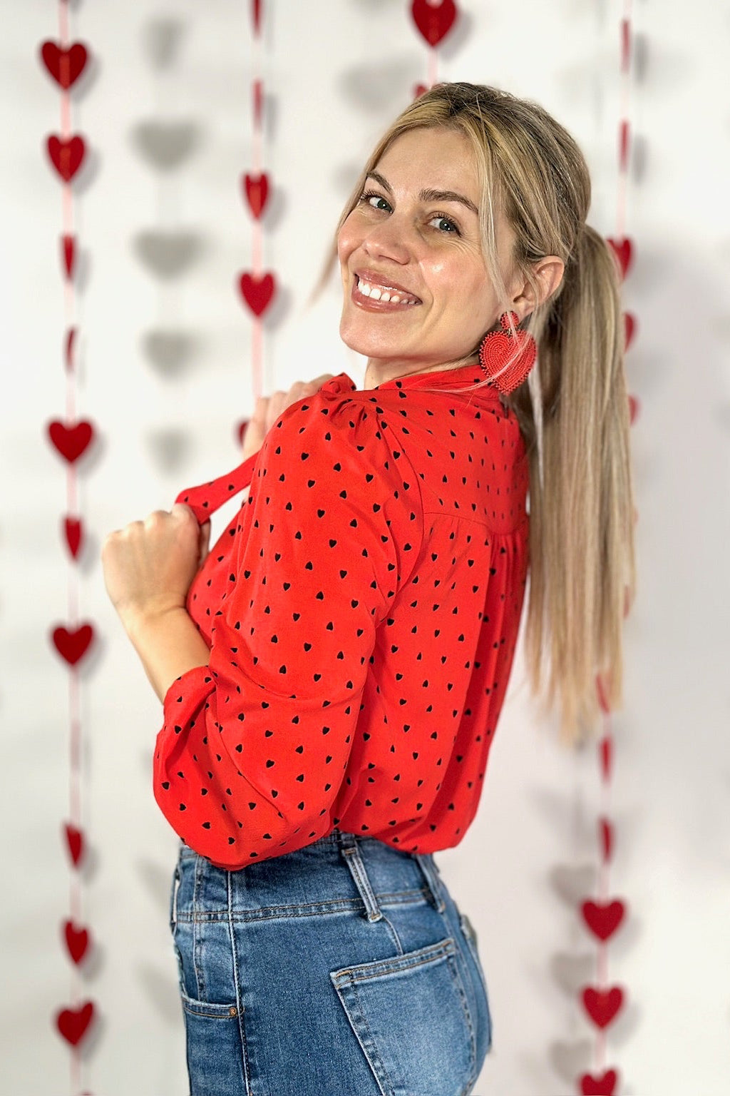 Bow Blouse With Hearts - Red