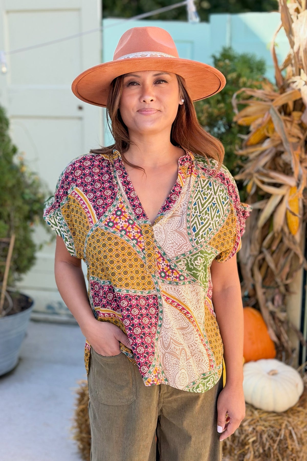 Short Sleeve V-Neck Top - Taupe Ember