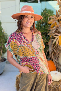 Short Sleeve V-Neck Top - Taupe Ember