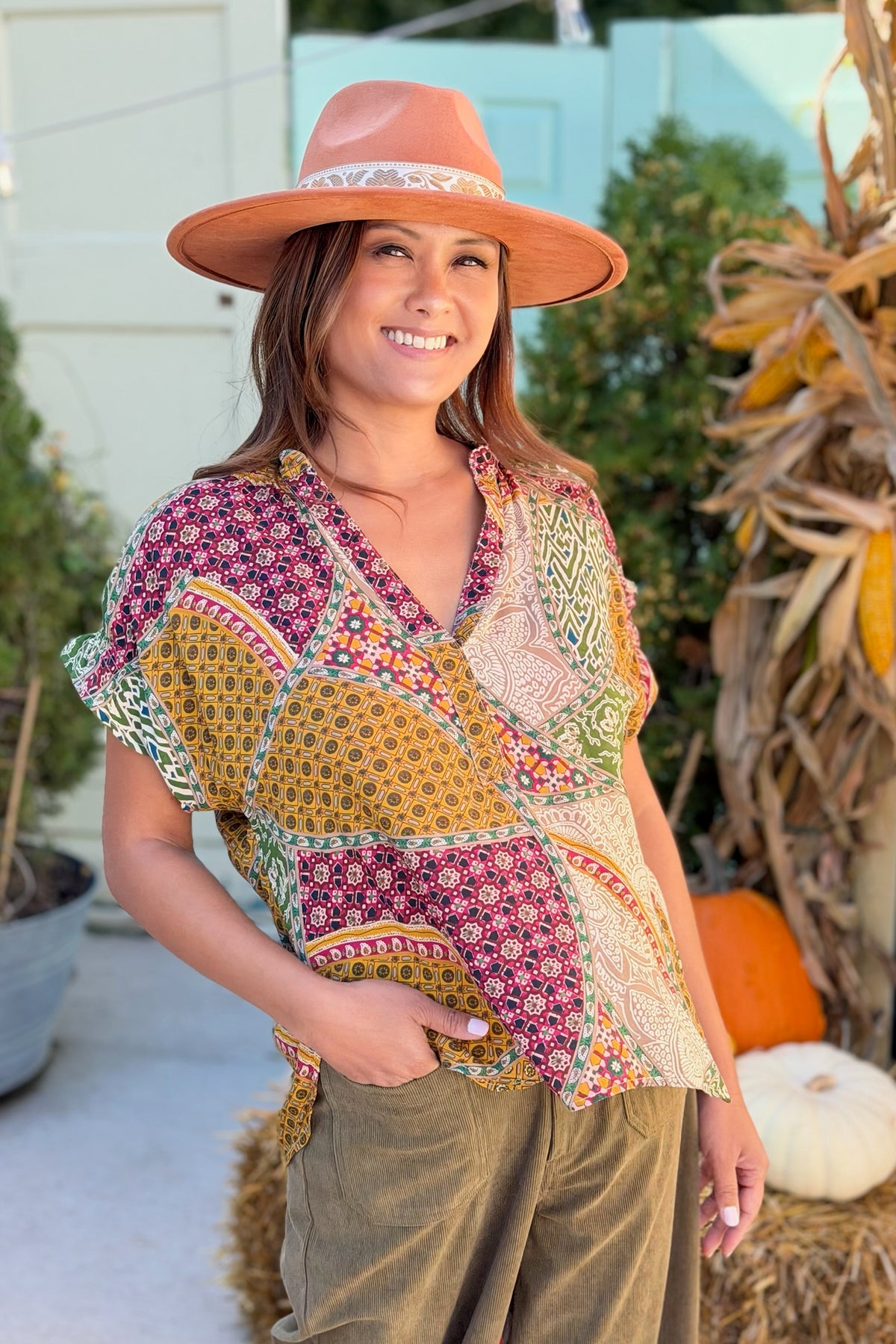 Short Sleeve V-Neck Top - Taupe Ember