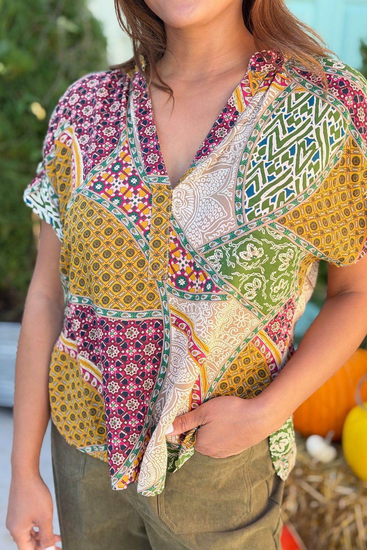 Short Sleeve V-Neck Top - Taupe Ember