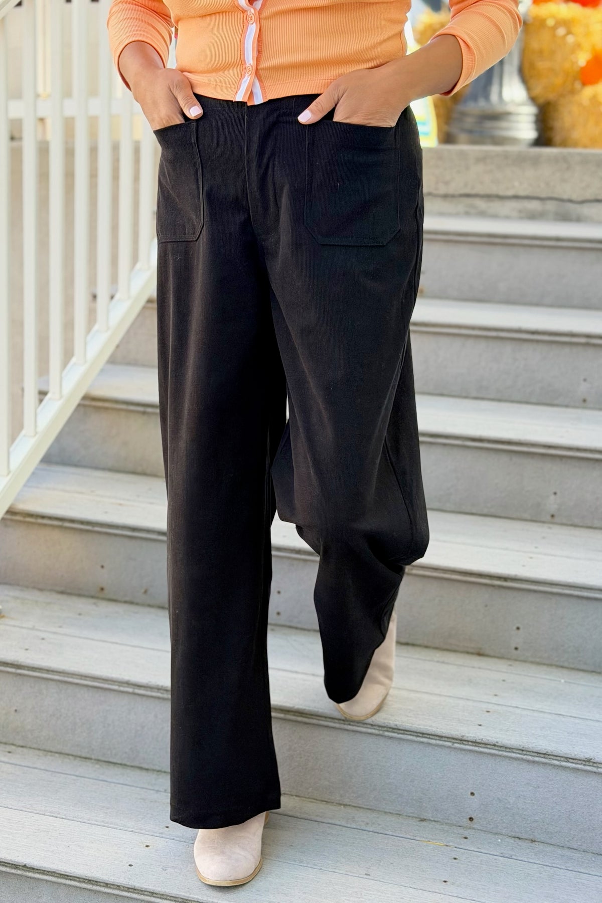 Corduroy Wide Leg Pants - Black
