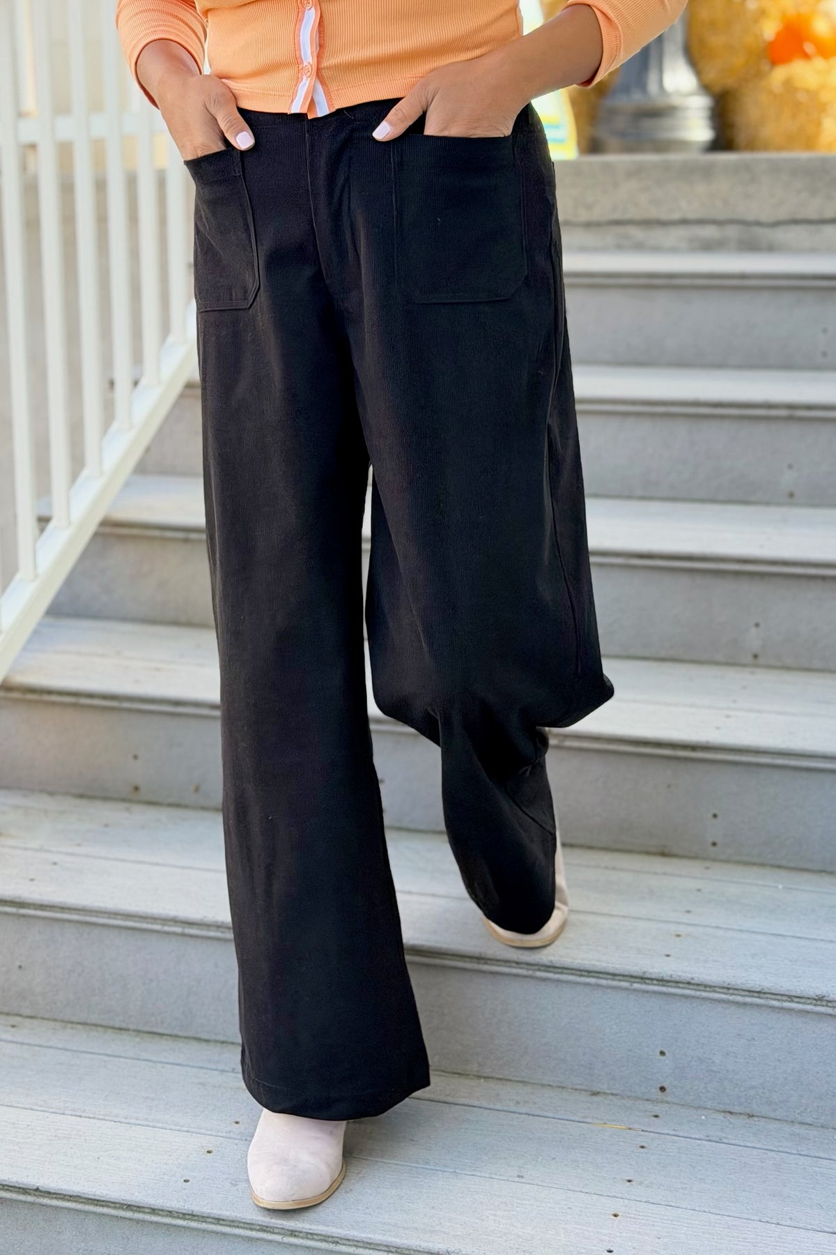 Corduroy Wide Leg Pants - Black