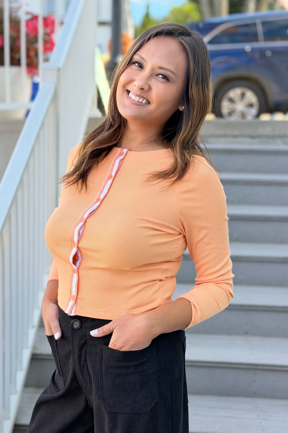 Contrast Trim Button Down - Orange