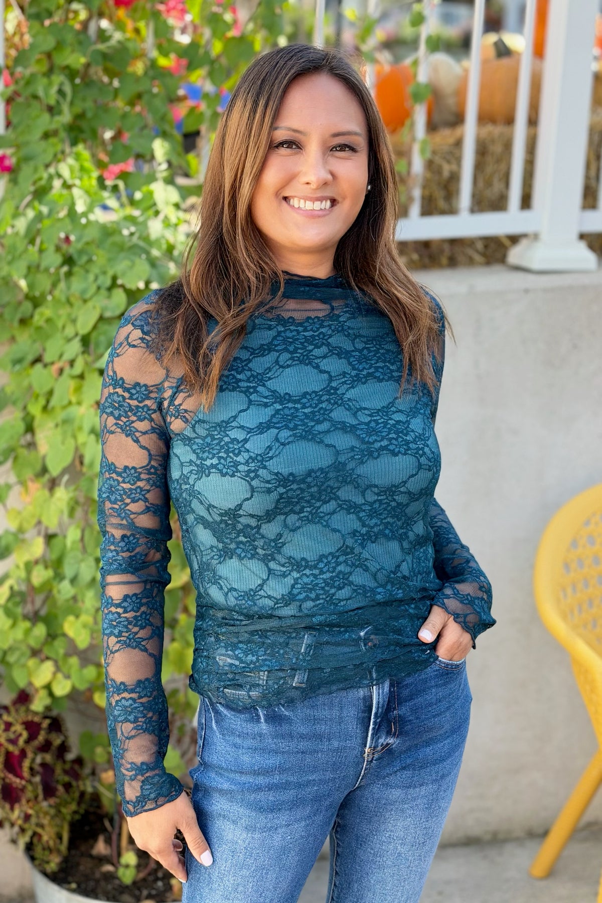 Floral Mesh Lace High Neck Top - Teal