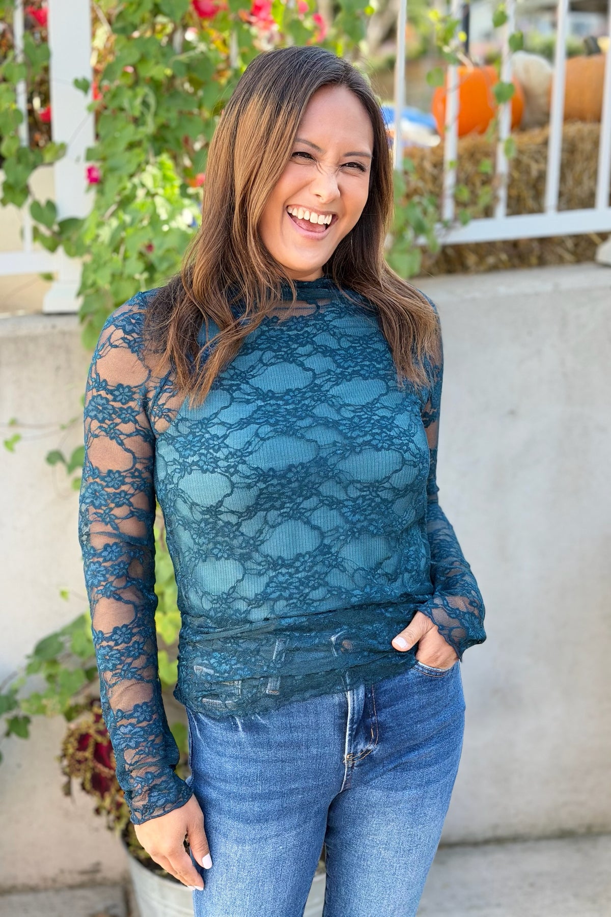 Floral Mesh Lace High Neck Top - Teal
