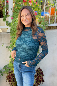 Floral Mesh Lace High Neck Top - Teal