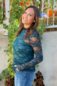 Floral Mesh Lace High Neck Top - Teal