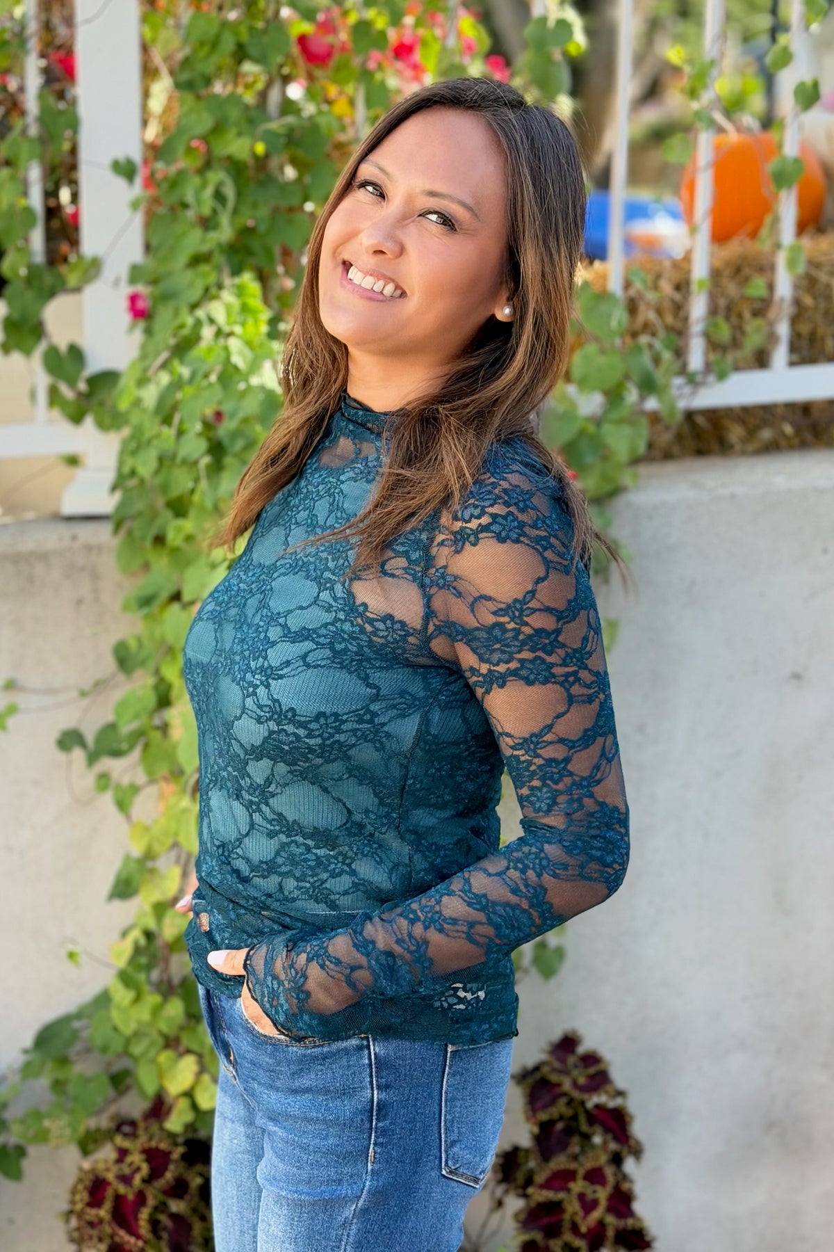 Floral Mesh Lace High Neck Top - Teal