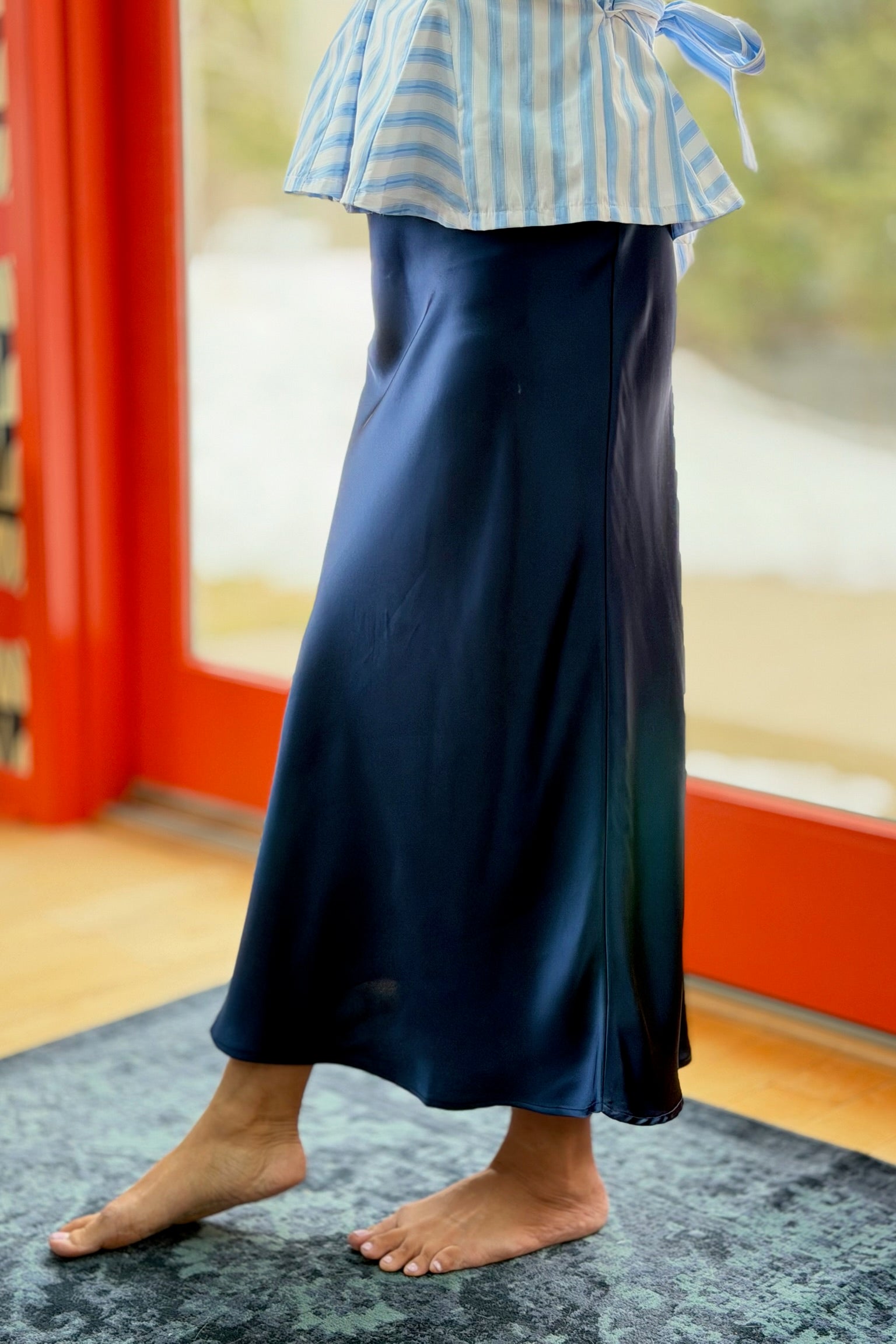 Satin Midi Skirt - Navy