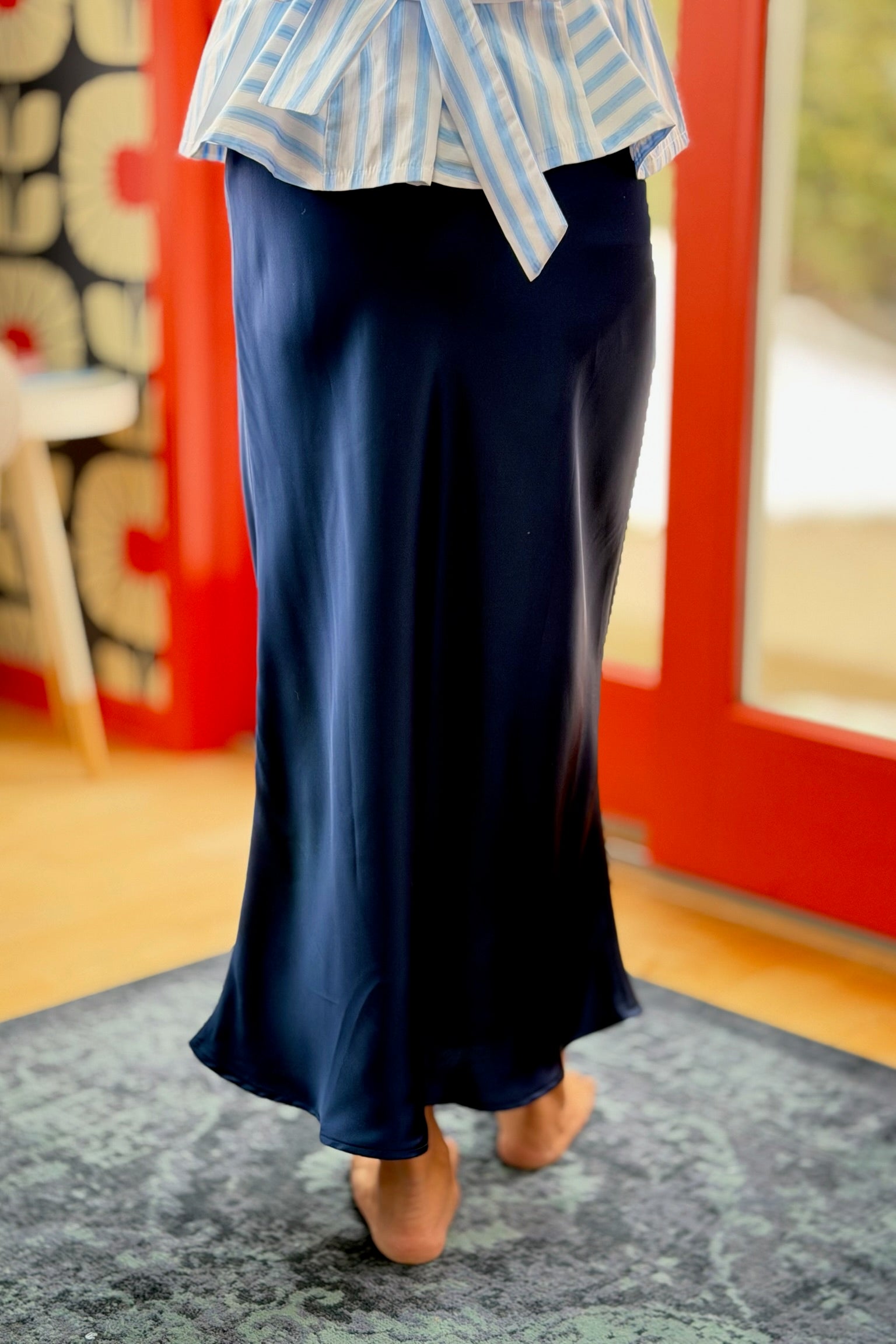Satin Midi Skirt - Navy