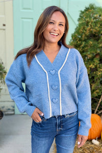 Heart Button Cardigan - Blue