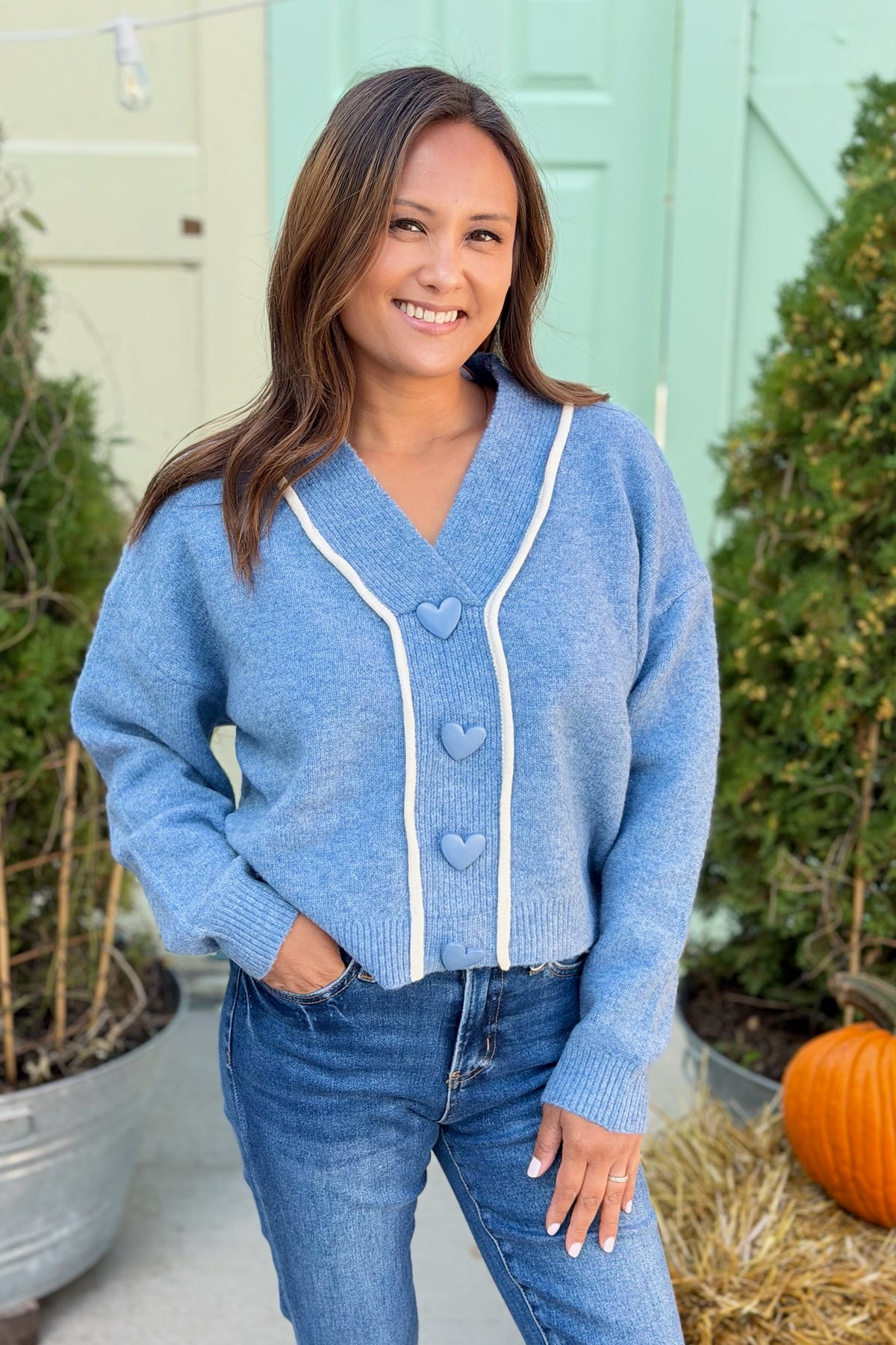 Heart Button Cardigan - Blue