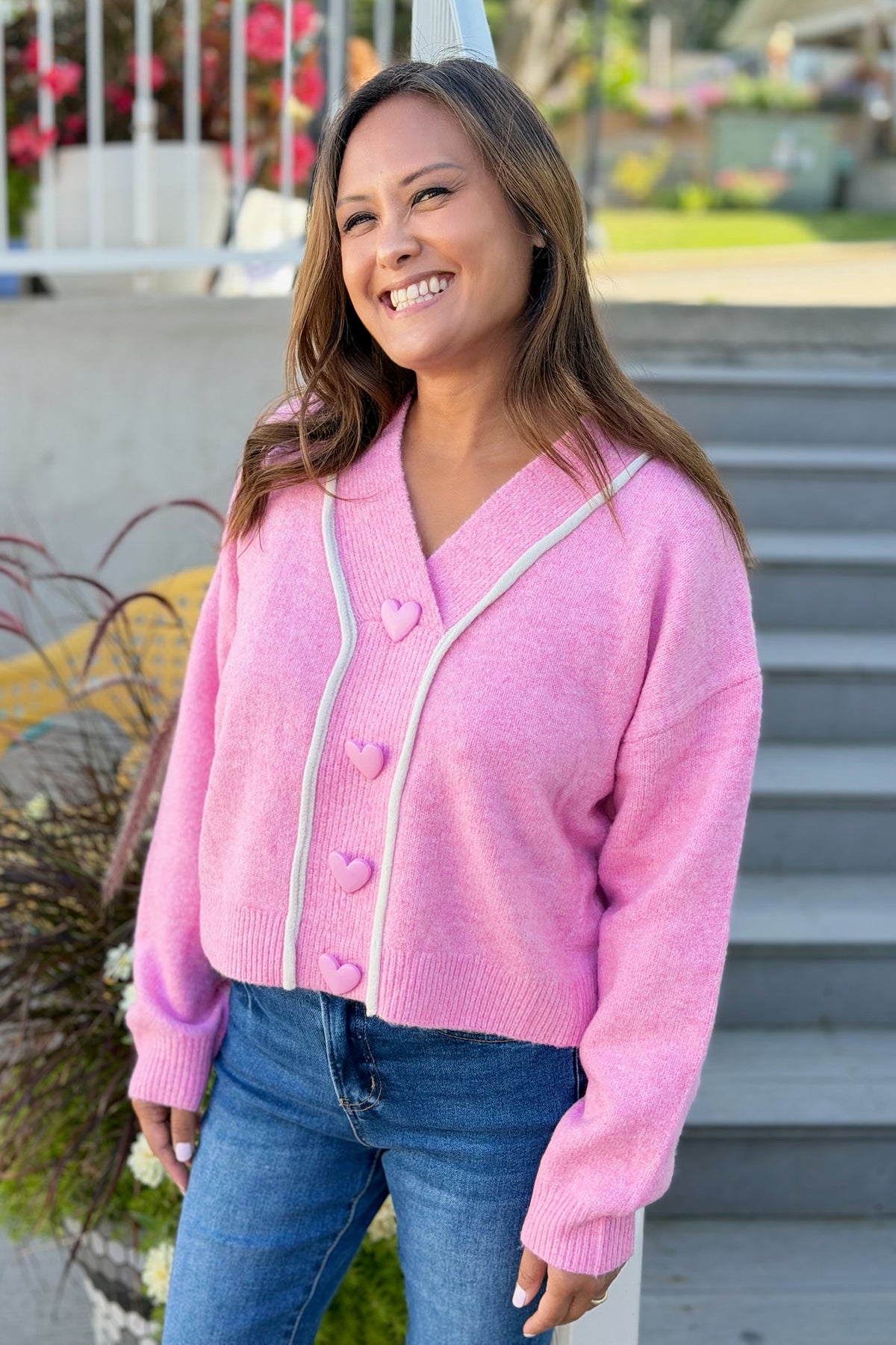 Heart Button Cardigan - Strawberry