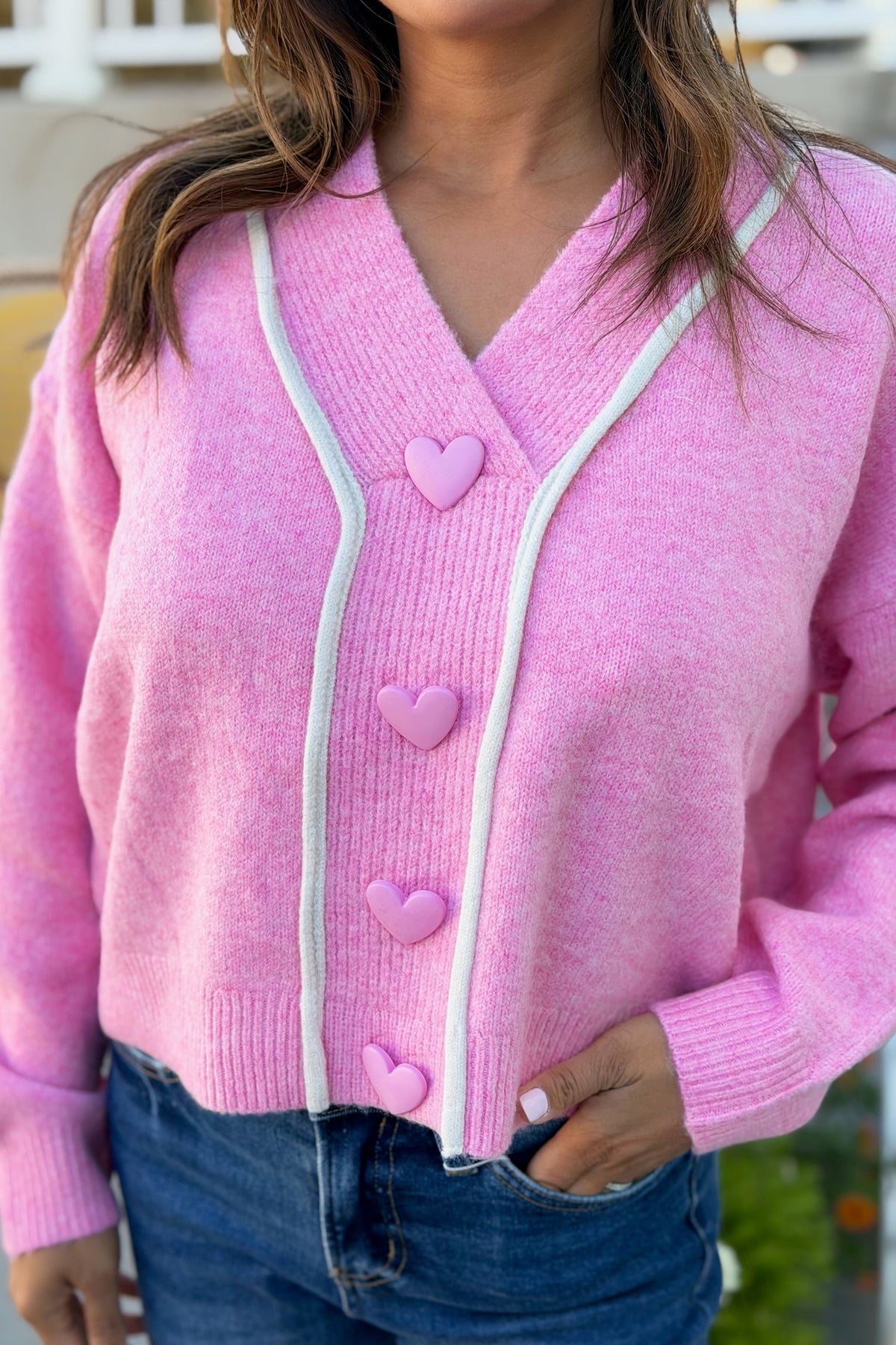 Heart Button Cardigan - Strawberry